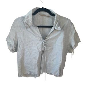 ST JOHN’S BAY Linen Popover Cropped Short Sleeve Cropped Blouse Grey Green L